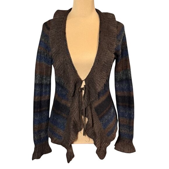 Y2K 90s Mohair Cardigan Sz.M Striped Ruffle Brown Whimsigoth Fairy Grunge Boho - Picture 2 of 14